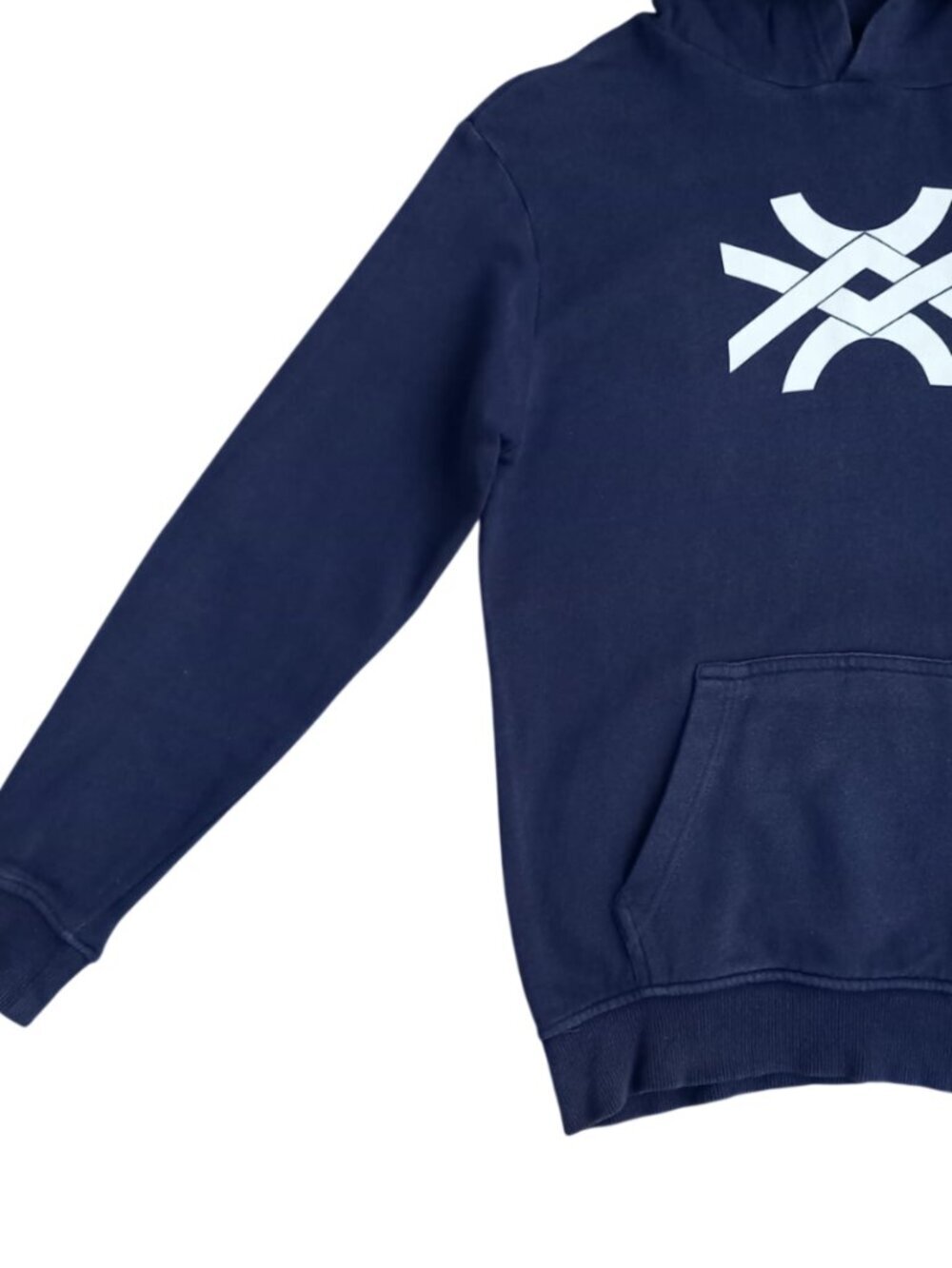Benetton Navy Blue Hoodie Boys Size XL 11-12 Years Logo Pullover Sweatshirt - Picture 4 of 9